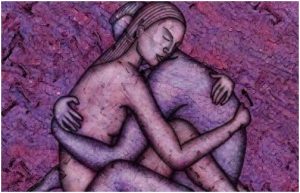 ذوجان يحتضنان بعضهما مع نشوة هرمون الحب