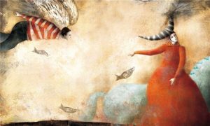 سيدة تقف ويطير نحوها رجل وبينهما أسماك صغيرة