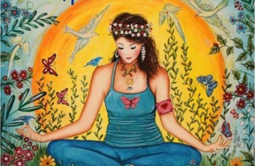 سيدة تجلس بين الزهور والفراشات