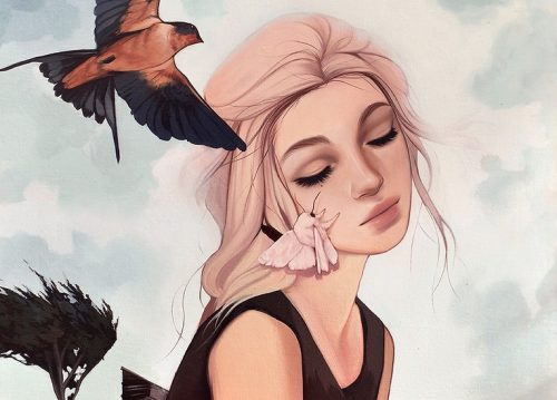 فتاة فوق رأسها عصفور