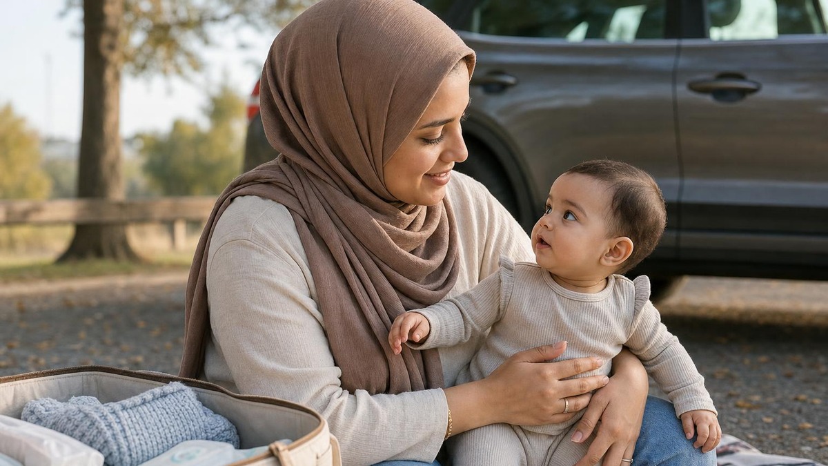أم تحمل طفلها خلال استراحة هادئة بجانب السيارة